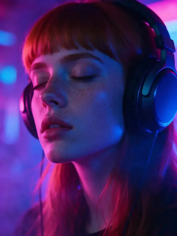 A portrait in neon pink and blue light, eyes closed, headphones on