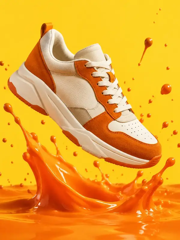 A sneaker bursting out of orange paint, studio product shot