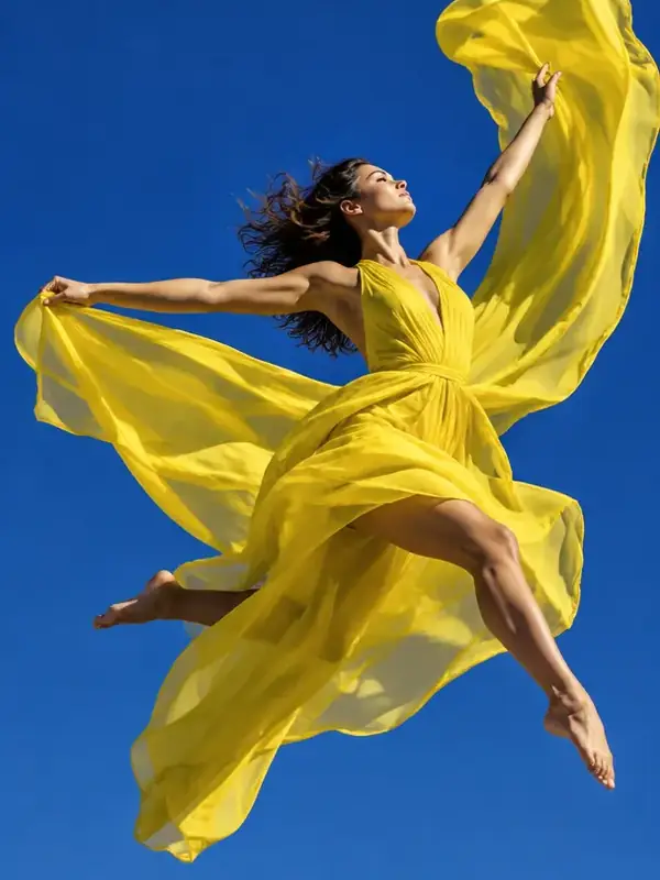 A dancer in yellow silk leaping against a cobalt sky