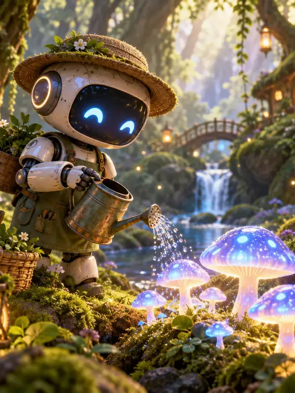 A small robot explorer among glowing mushrooms in a forest