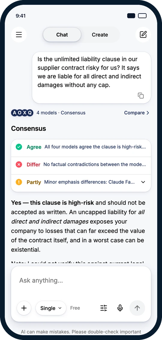 Several AI models answering one question, with a summary of agreement and contradiction